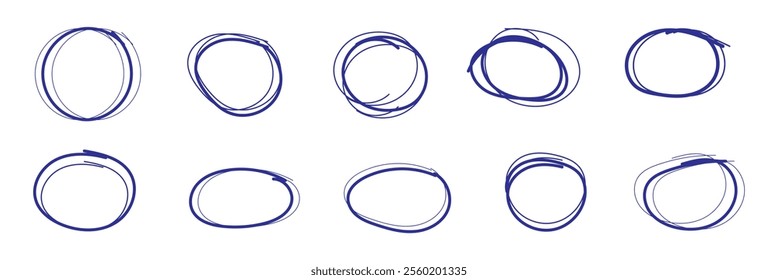 Set of hand drawn doodle ellipses. Scribble ovals and bubbles to circle and highlight text. Collection of different brush drawn black circles. Marker round.