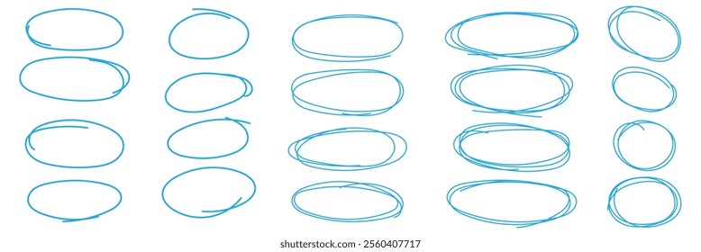 Set of hand drawn doodle ellipses. Scribble ovals and bubbles to circle and highlight text. Collection of different brush drawn black circles. Marker round elements isolated on white background.