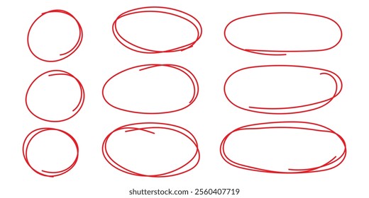 Set of hand drawn doodle ellipses. Scribble ovals and bubbles to circle and highlight text. Collection of different brush drawn black circles. Marker round elements isolated on white background.