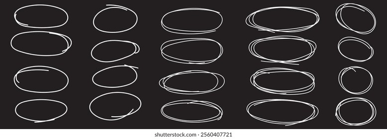 Set of hand drawn doodle ellipses. Scribble ovals and bubbles to circle and highlight text. Collection of different brush drawn black circles. Marker round elements isolated on white background.