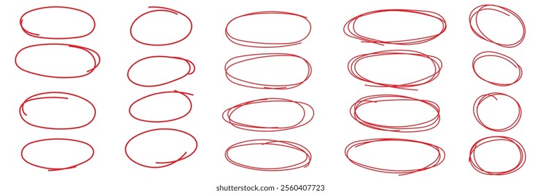 Set of hand drawn doodle ellipses. Scribble ovals and bubbles to circle and highlight text. Collection of different brush drawn black circles. Marker round elements isolated on white background.