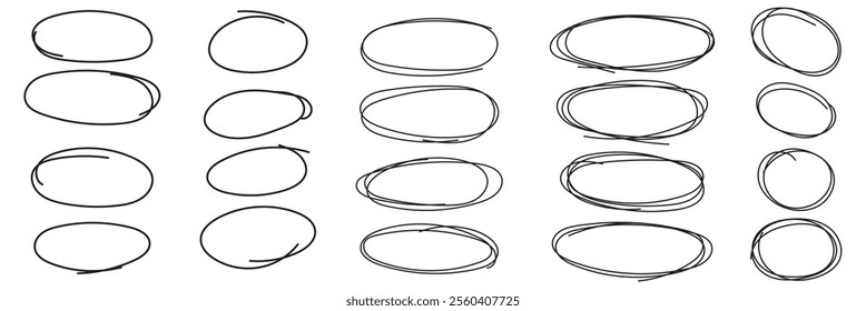 Set of hand drawn doodle ellipses. Scribble ovals and bubbles to circle and highlight text. Collection of different brush drawn black circles. Marker round elements isolated on white background.