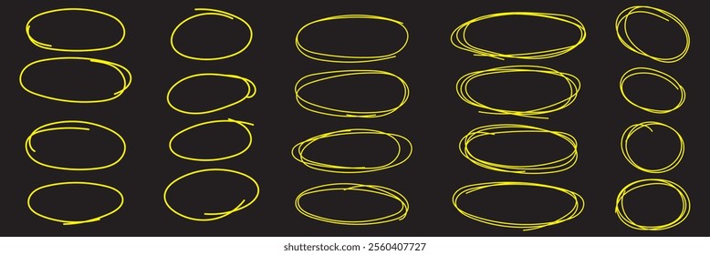 Set of hand drawn doodle ellipses. Scribble ovals and bubbles to circle and highlight text. Collection of different brush drawn black circles. Marker round elements isolated on white background.