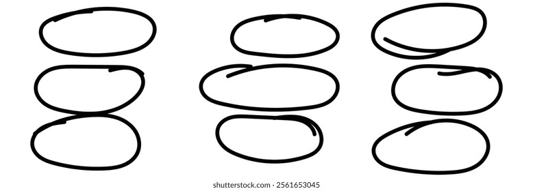 Set of hand drawn doodle ellipses. Scribble ovals and bubbles to circle and highlight text. Collection of different brush drawn black circles. Marker round elements isolated on white background. Eps10