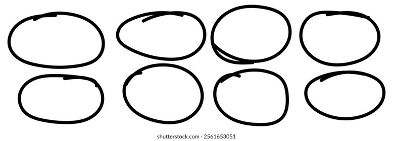 Set of hand drawn doodle ellipses. Scribble ovals and bubbles to circle and highlight text. Collection of different brush drawn black circles. Marker round elements isolated on white background. Eps10