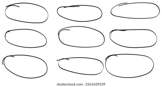 Set of hand drawn doodle ellipses. Scribble ovals and bubbles to circle and highlight text. Collection of different brush drawn black circles. Marker round elements isolated on white background.