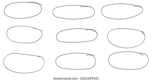 Set of hand drawn doodle ellipses. Scribble ovals and bubbles to circle and highlight text. Collection of different brush drawn black circles. Marker round elements isolated on white background.