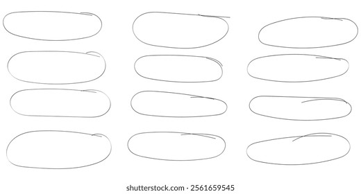 Set of hand drawn doodle ellipses. Scribble ovals and bubbles to circle and highlight text. Collection of different brush drawn black circles. Marker round elements isolated on white background.