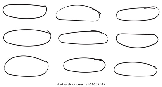 Set of hand drawn doodle ellipses. Scribble ovals and bubbles to circle and highlight text. Collection of different brush drawn black circles. Marker round elements isolated on white background.