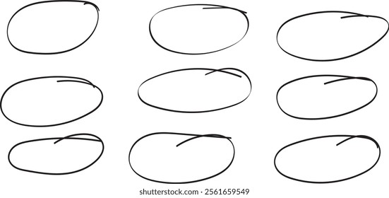 Set of hand drawn doodle ellipses. Scribble ovals and bubbles to circle and highlight text. Collection of different brush drawn black circles. Marker round elements isolated on white background.