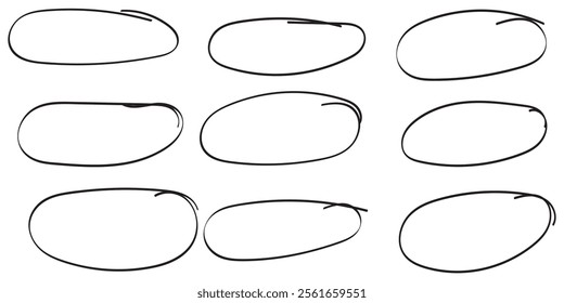 Set of hand drawn doodle ellipses. Scribble ovals and bubbles to circle and highlight text. Collection of different brush drawn black circles. Marker round elements isolated on white background.