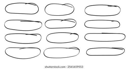 Set of hand drawn doodle ellipses. Scribble ovals and bubbles to circle and highlight text. Collection of different brush drawn black circles. Marker round elements isolated on white background.