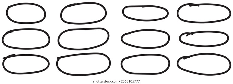 Set of hand drawn doodle ellipses. Scribble ovals and bubbles to circle and highlight text. Collection of different brush drawn black circles.