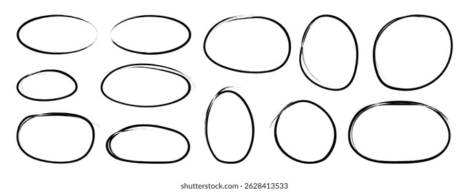 Set of hand drawn doodle ellipses. Grunge texture. Elements, shapes for design. Underline. Mark. Curves. Frame scribbles. Scribble ovals and bubbles to circle and highlight text.