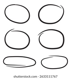 Set handgezeichneter Doodle-Ellipsen. Zeichnet Ovale als Kreis und markiert Text. Sammlung von verschiedenen Pinsel gezeichneten schwarzen Kreisen. Markierungsrunde Elemente. Handgezeichneter ovaler Marker-Textmarker. EPS 10