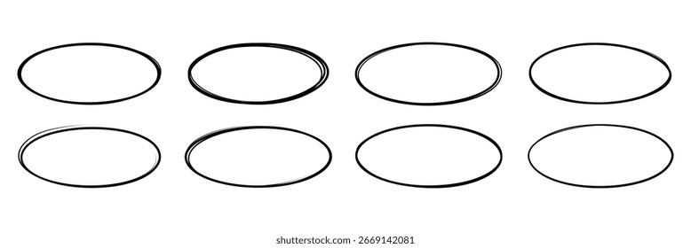 Set of hand drawn doodle ellipses. Scribble ovals and bubbles to circle and highlight text. Collection of different brush drawn black circles. Marker round elements isolated on white background