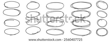 Set of hand drawn doodle ellipses. Scribble ovals and bubbles to circle and highlight text. Collection of different brush drawn black circles. Marker round elements isolated on white background.