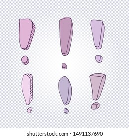 Set of hand drawn doodle exclamation marks on a transparent background. Cartoon exclamation marks in grunge texture style. Vector illustration.