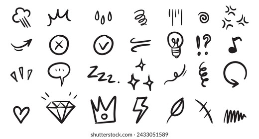 set of Hand drawn doodle expression sign for concept design isolated on white background. vector illustration.