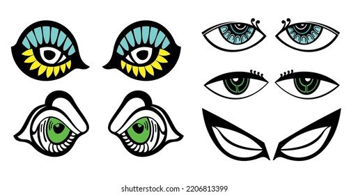 Set of hand drawn Doodle face, Different eyes cartoon style.