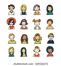 set of hand drawn doodle faces. funny portraits. vector avatar