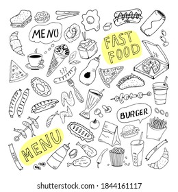 Set of hand drawn doodle fast food icons. Hand drawn doodle set Fast food. Vector illustration. Junk food items collection. Cartoon snack different sketch icon: soda, hamburger, french fries, hot dog,