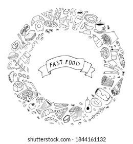 Set of hand drawn doodle fast food icons. Hand drawn doodle set Fast food. Vector illustration. Junk food items collection. Cartoon snack different sketch icon: soda, hamburger, french fries, hot dog,