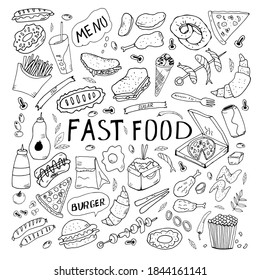 Set of hand drawn doodle fast food icons. Hand drawn doodle set Fast food. Vector illustration. Junk food items collection. Cartoon snack different sketch icon: soda, hamburger, french fries, hot dog,