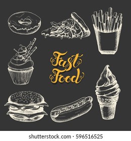 Set of hand drawn doodle fast food on black. Lettering, sketch. Vector objects for menu, advertising and banners. 