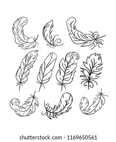 Set of  hand drawn doodle feathers 
