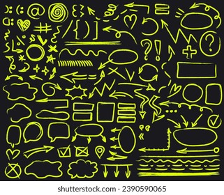 Set of hand drawn doodle felt-tip highlights symbols for diagrams - arrows, frames, underlines, emphasis, bubbles, marks, statistics for presentation. Freehand yellow sketchy infographic elements