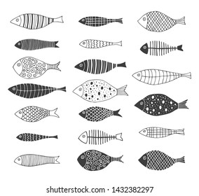 Set of hand drawn doodle fishes for kids design. Scandinavian outline style. Vector isolated illustration.