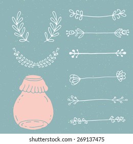 Set of hand drawn doodle floral vector elements and mason jar