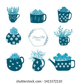 Set of hand drawn doodle flower pot collection.