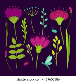 Set of hand drawn doodle flowers, leaves and grass on a dark background