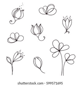 Set of hand drawn doodle flowers and floral design elements