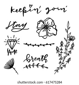 Set of hand drawn doodle flowers and plants. Girly boho illustrations