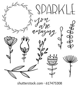 Set of hand drawn doodle flowers and plants. Girly boho illustrations