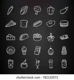 Set of hand drawn doodle food and drink icons on the chalkboard background. Vegetables, fast food, dishes, deserts. Menu vector design elements.