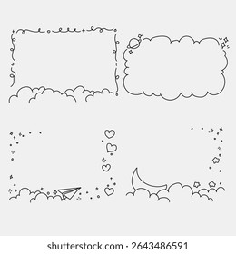 Set of hand drawn doodle frame clouds, stars and moon