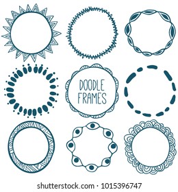 Set of hand drawn doodle frames. Logo templates. Round hand sketched circles for your  design. Unique shapes for branding identity.  Cute vector abstract borders. 