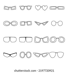 Satz handgezeichneter Doodle-Brille. Vektorgrafik von schwarzen Umrissbrillen, Linearsymbol, Sonnenbrillen für Druck, Farbseiten, Design, Logo.