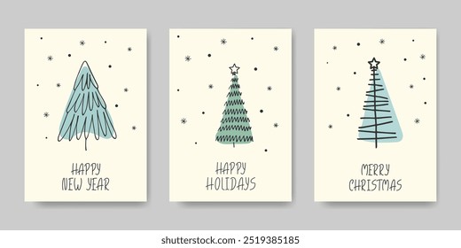 Set of Hand Drawn Doodle greeting Cards with Christmas Trees. Simple Abstract scribble Illustration. Cute simple sketch Merry Christmas New year Background. Vector illustration