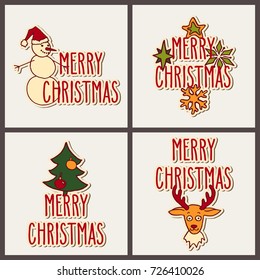 Set of hand drawn doodle greeting cards with Merry Christmas words. Vector illustration isolated over white.