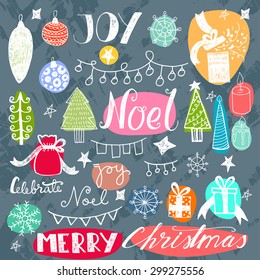 Set of hand drawn doodle happy new year icons. Christmas vector elements.