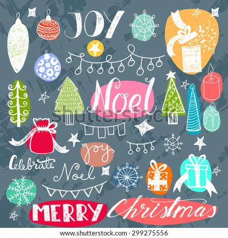 Set of hand drawn doodle happy new year icons. Christmas vector elements.