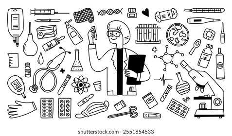 Set of hand drawn Doodle. Healthcare and medicine. Medicines and medical products and devices. Doctor, laboratory. Vector illustration isolated