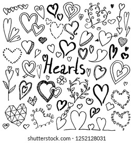 Set of hand drawn doodle hearts. Collection of design elements