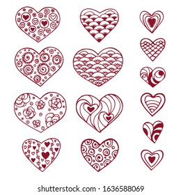 Set of hand drawn doodle hearts isolated on white background. Design for birthday, wedding, Valentine's Day, mother's day. Vector illustration.