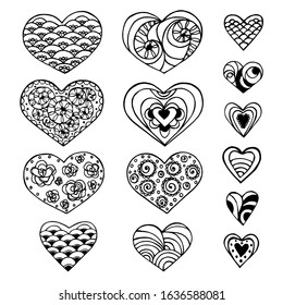 Set of hand drawn doodle hearts isolated on white background. Design for birthday, wedding, Valentine's Day, mother's day. Vector illustration.